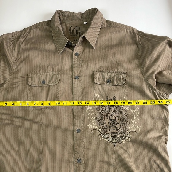 VTG GUESS Y2K Men’s Button Down Shirt Skull Graphics Print Size XXL Tan Stripes - Picture 12 of 16